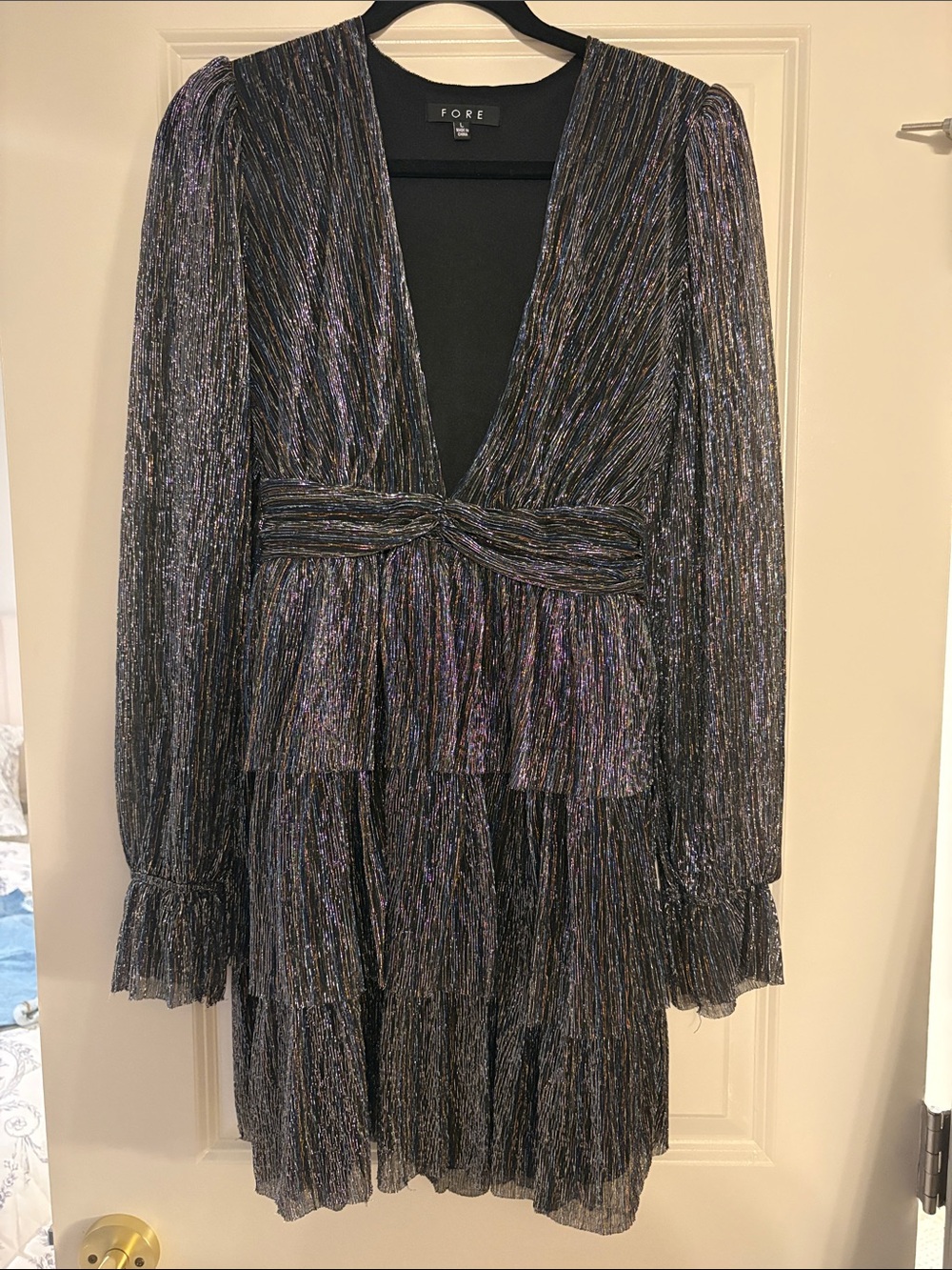 Metallic Black Multi-Color V-Neck Tiered Mini Dress